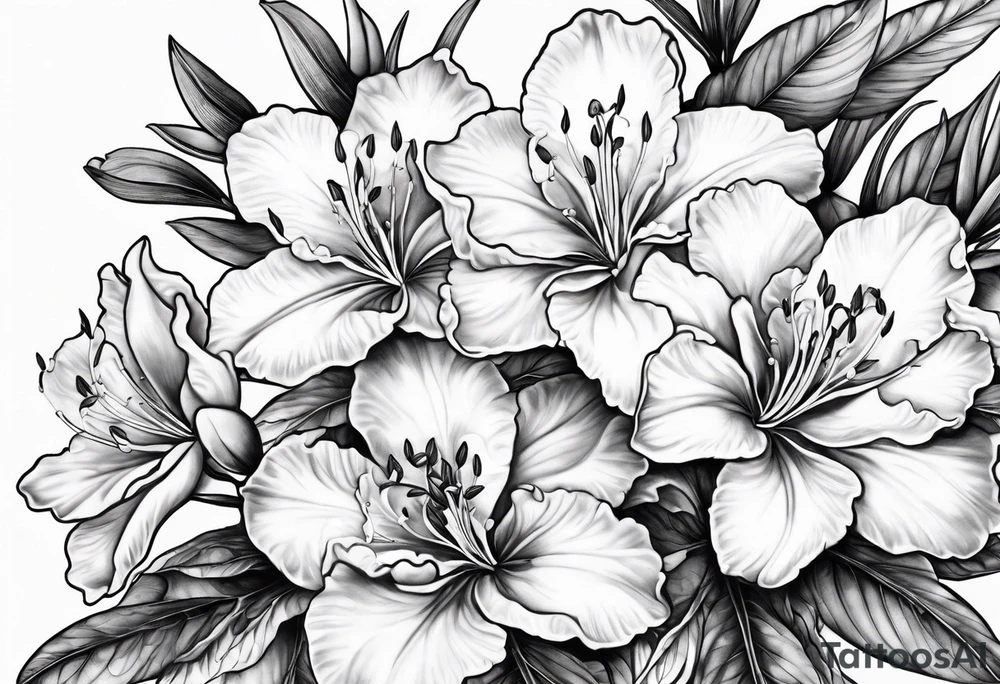5-petal azaleas with buds along a long branch tattoo idea