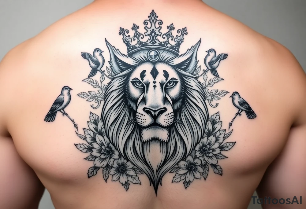 powerful majestic lion with a crown, surrounded by floral ornaments and birds tattoo idea