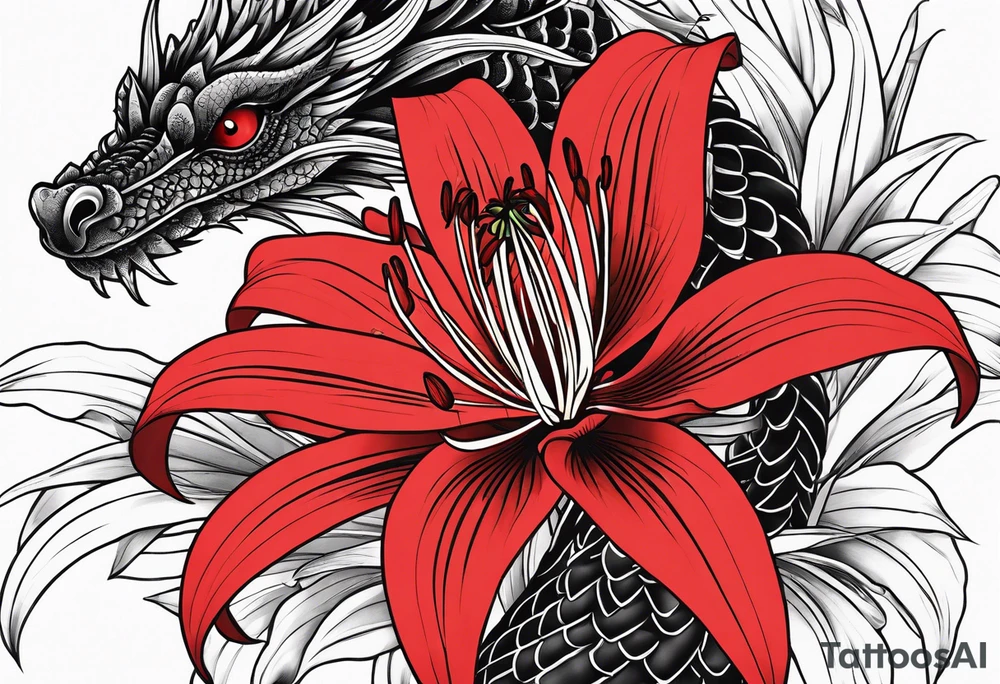 Black Dragon, 
Red Spider Lily, Arm tattoo tattoo idea