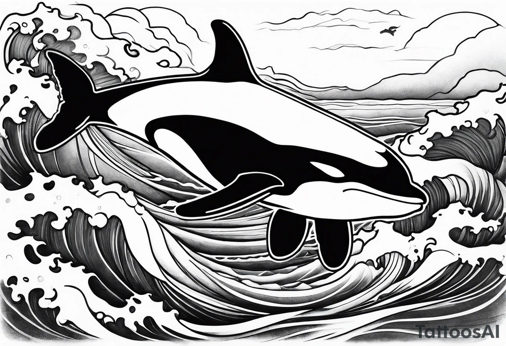 transient orca, Japanese realism, flowing, waves and kelp highlights tattoo idea