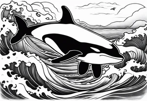 transient orca, Japanese realism, flowing, waves and kelp highlights tattoo idea