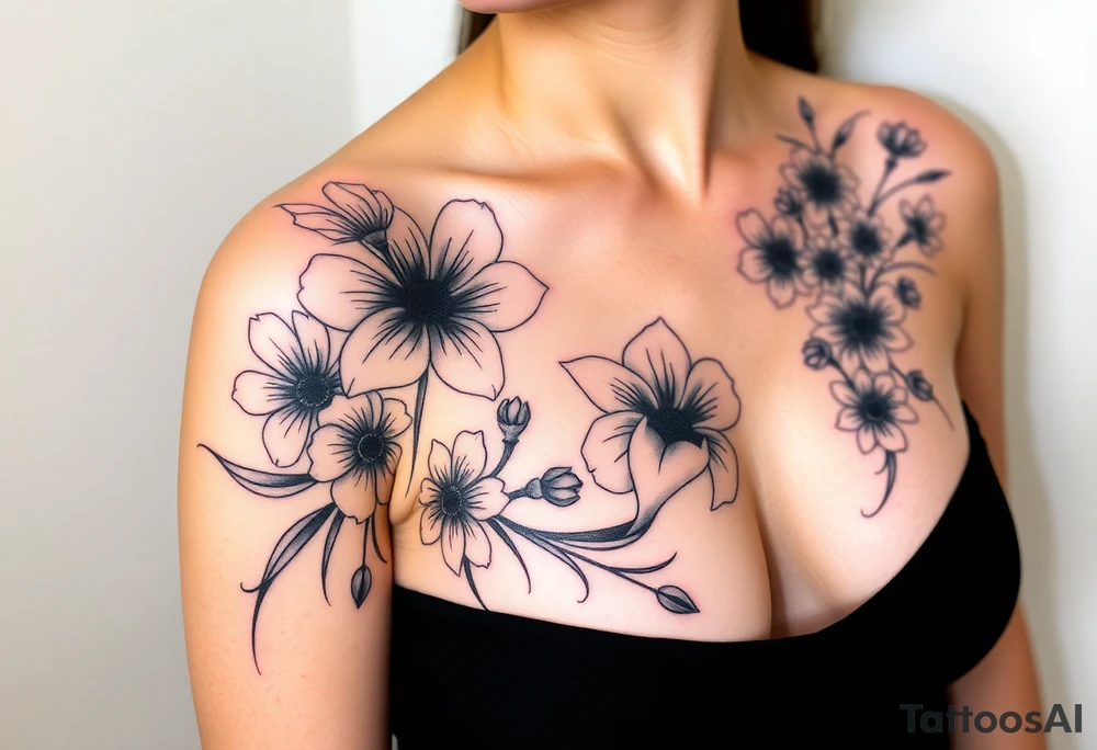 This tattoo is on a woman. It starts on her left side of the chest on the pectoral with a Glaiolus and Daisy together, then the tattoo rises over the left shoulder and down the arm and ends at the elbow. The tattoo will include a primroses, Calla Lilys, and Lillys. It will be light on color except in the petals and has light shading to make it pop. It will not wrap around the chest but rather bloom upwards from the pectoral and spill over the shoulder and down to the elbow. tattoo idea