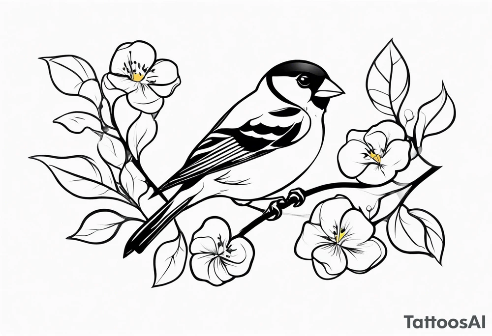 Generate a tattoo design of a goldfinch surrounded by delicate vines, emphasizing its bright colors and playful nature tattoo idea