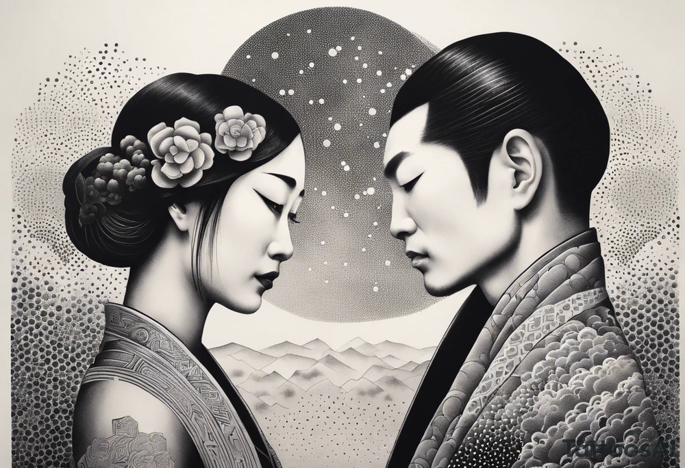 two naked humans with bold heads carving each another with tools. japanese clouds around tattoo idea