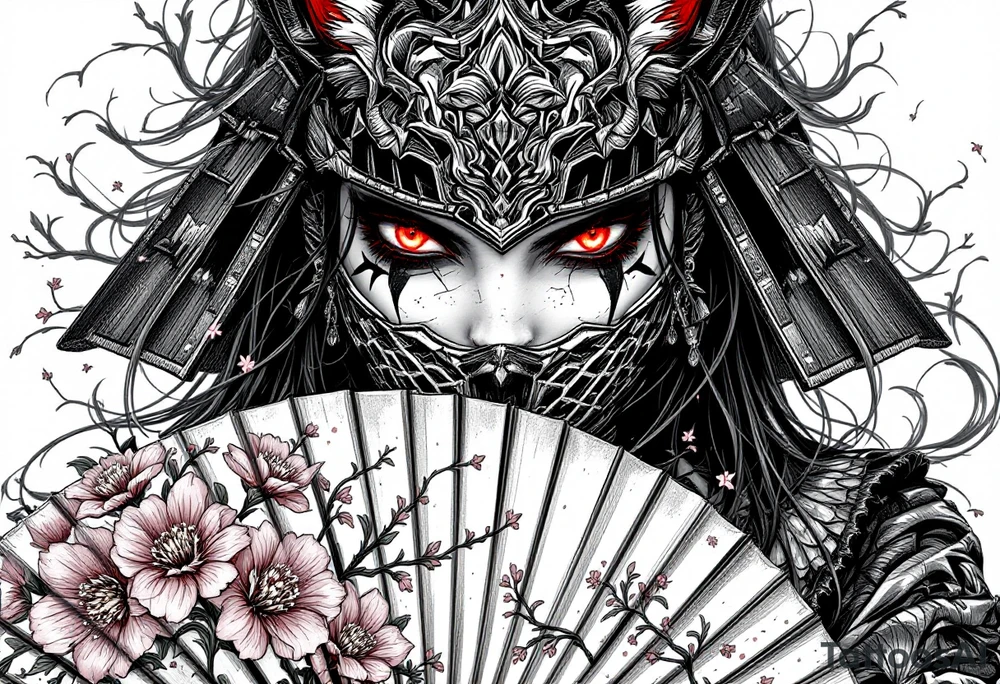 Woman samurai with red eyes wearing an half and broken kitsune mask, holding a japanese fan with Sakura flowers tattoo idea