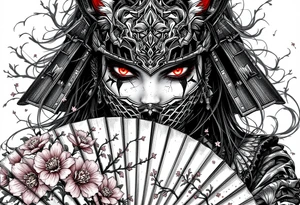 Woman samurai with red eyes wearing an half and broken kitsune mask, holding a japanese fan with Sakura flowers tattoo idea