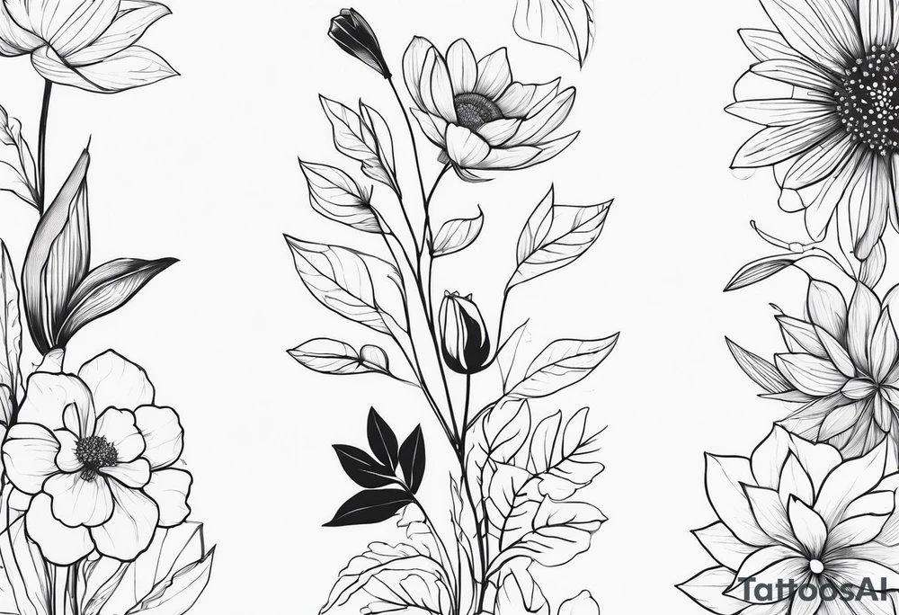 super long line of flowers and leaves for around thigh tattoo idea