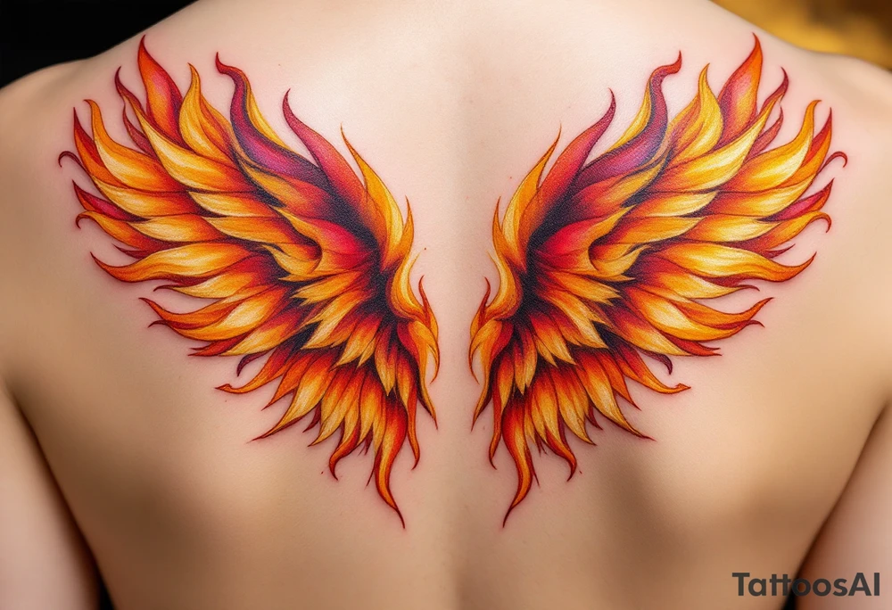 A pair of wings made from fire flames, transitioning from deep red at the base to golden yellow at the tips, symbolizing strength and courage. tattoo idea