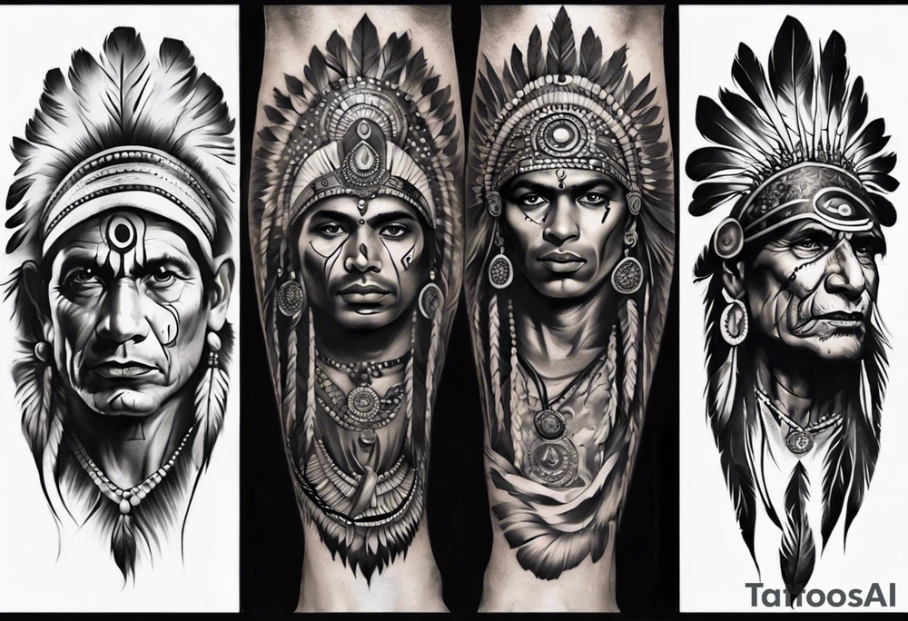 indian theme man face realistic leg sleeve tattoo idea