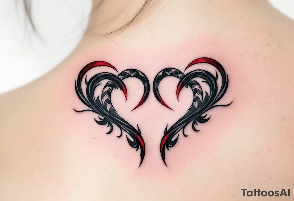 Two half-heart tattoos in black with red tips that form a full heart when side by side. tattoo idea