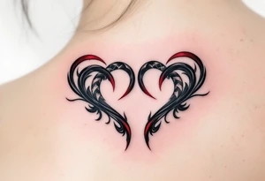 Two half-heart tattoos in black with red tips that form a full heart when side by side. tattoo idea