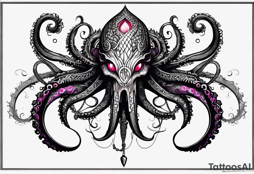 Long tattoo for forearm. Lovecraftian creature, with technological elements. Tentacles protect a heart. tattoo idea