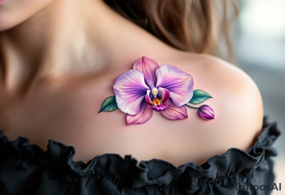 A delicate orchid tattoo featuring soft gradient petals in shades of violet, blush pink, and creamy white, with a vibrant magenta center and emerald green leaves, elegantly curved along the collarbone or spine for a graceful, feminine effect. tattoo idea