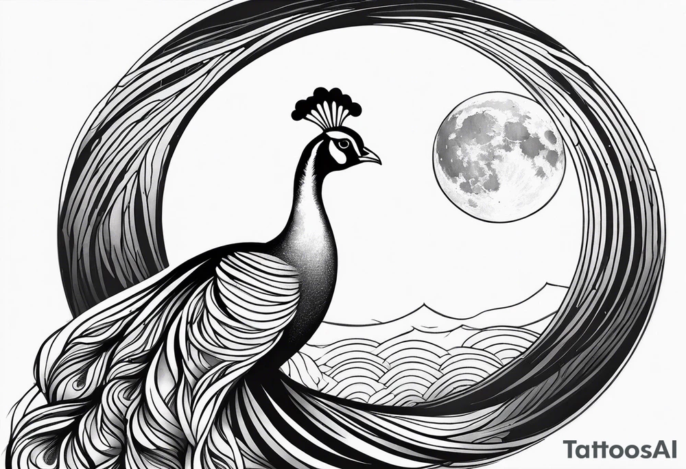 black and white peacock, moon above, infinity symbol tattoo idea
