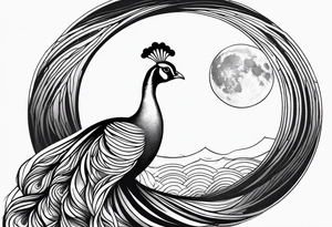 black and white peacock, moon above, infinity symbol tattoo idea