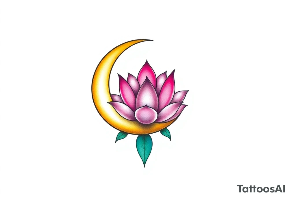 small colorful crescent moon with lotus flower tattoo idea