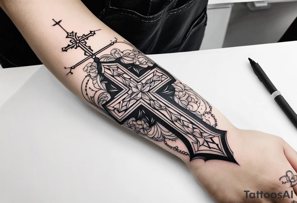 a forearm tattoo with cross and rosary around it tattoo idea a forearm tattoo with cross and rosary around it tattoo idea