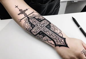 a forearm tattoo with cross and rosary around it tattoo idea