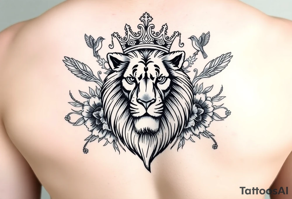 powerful majestic lion with a crown, surrounded by floral ornaments and birds tattoo idea