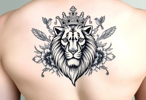 powerful majestic lion with a crown, surrounded by floral ornaments and birds tattoo idea