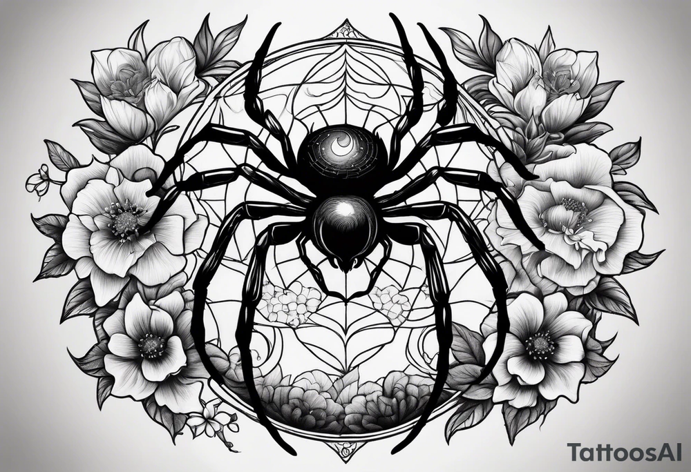 Spider in a garden of flowers with the sun and the moon tattoo idea
