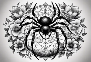 Spider in a garden of flowers with the sun and the moon tattoo idea