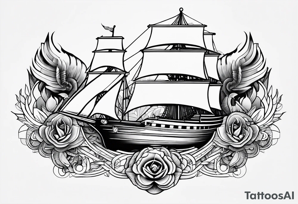 Ship with a Phoenix in the background. Geometric design layered through the design tattoo idea