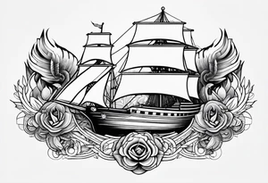 Ship with a Phoenix in the background. Geometric design layered through the design tattoo idea