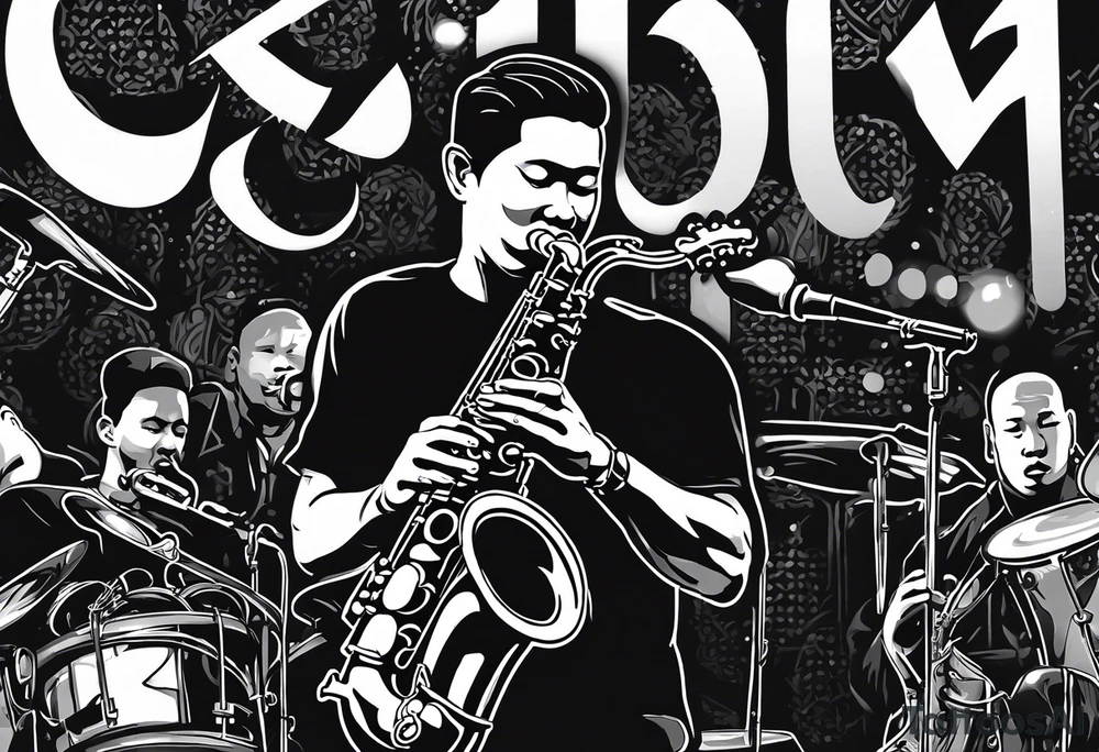 Muay thai boxer playing on tenor saxophone in a jazz club front of a jazz trio band. The notes are coming out from the saxophone and turning into buddhist symbols. tattoo idea