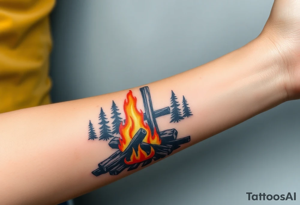 Campfire with cross include the great outdoors and night sky make sure cross doesn't look like it is on fire tattoo idea