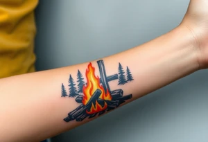 Campfire with cross include the great outdoors and night sky make sure cross doesn't look like it is on fire tattoo idea