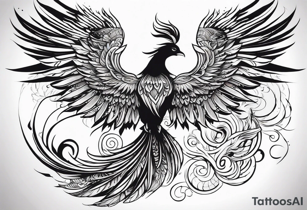 Tattoo: A powerful, majestic phoenix, depicted mid-flight or rising, with wings extended and feathers flowing. Deep shading and intricate details to bring out the texture and motion of the feathers. tattoo idea