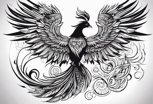 Tattoo: A powerful, majestic phoenix, depicted mid-flight or rising, with wings extended and feathers flowing. Deep shading and intricate details to bring out the texture and motion of the feathers. tattoo idea