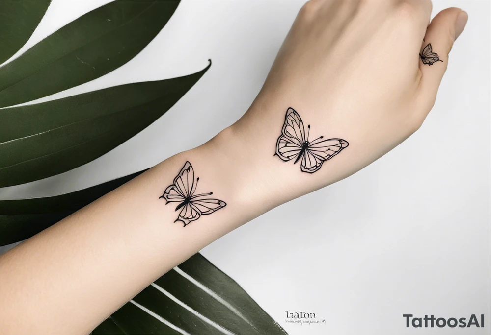 a long unique small feminine leaftattoo with two butterflies on the wrist tattoo idea