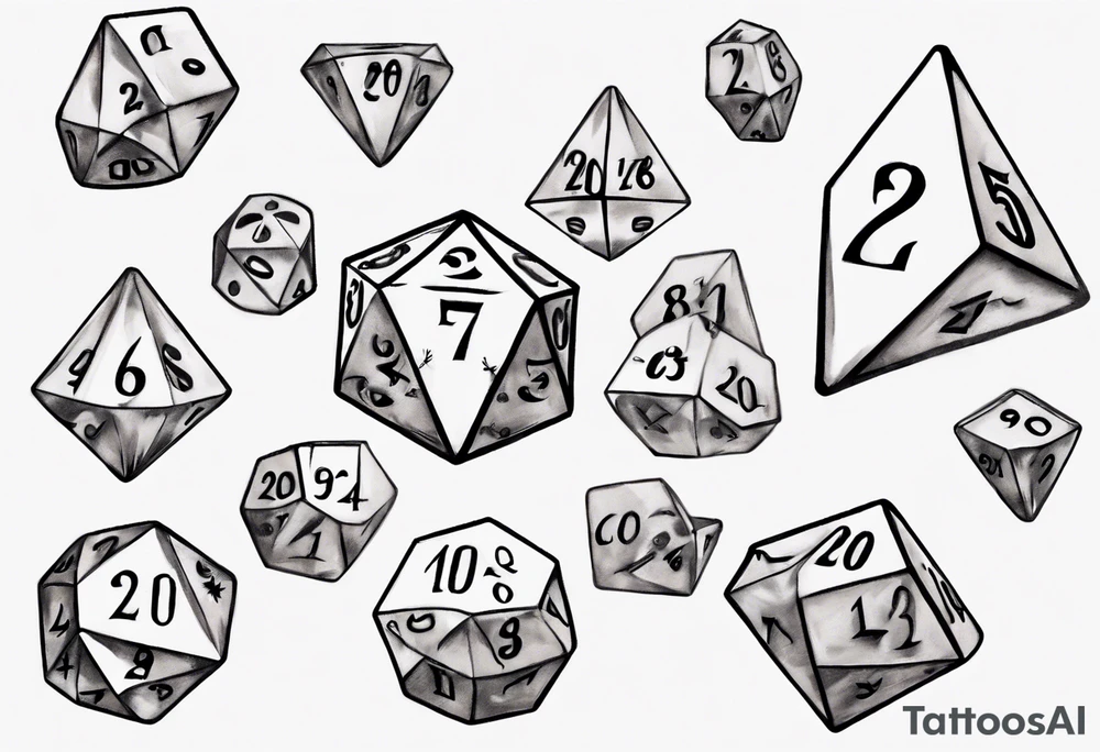 A large 20 sided dice with a 20 on top and numbers in the dice tattoo idea