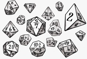 A large 20 sided dice with a 20 on top and numbers in the dice tattoo idea