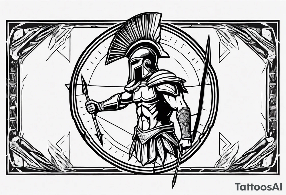 rectangular landscape format ultra-fine line linework vector of a spartan from the side, spartan spear, spartan shield, laurel wreath tattoo idea