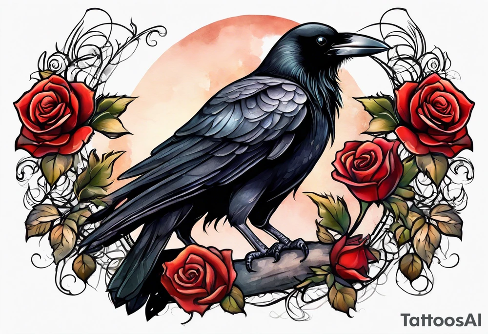 Crow standing holding a red rose tattoo idea