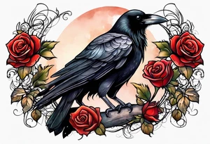 Crow standing holding a red rose tattoo idea