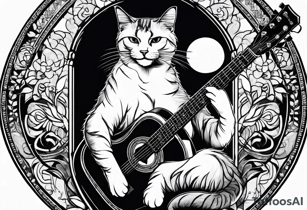 A cat playing acoustic guitar and sitting on a cajon. tattoo idea A cat playing acoustic guitar and sitting on a cajon. tattoo idea