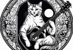A cat playing acoustic guitar and sitting on a cajon. tattoo idea
