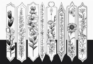 A Fine Line spine tattoo with birth flowers of March April June, August, September tattoo idea