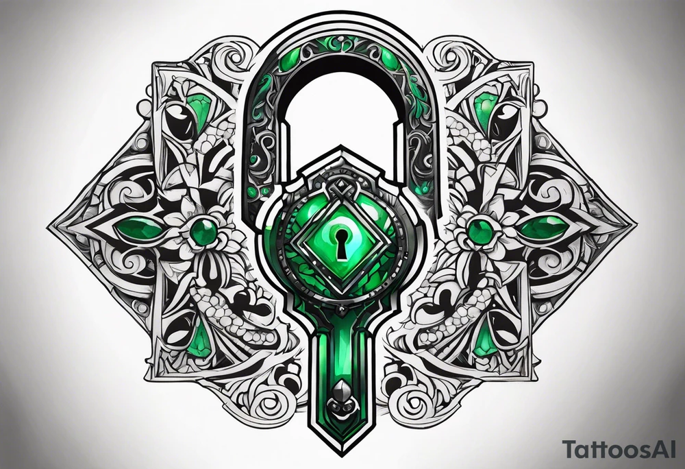 Lock and key with emerald stone tattoo idea