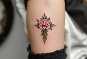 Lada's Symbol — A symmetrical floral cross in soft rose pink and leafy green, resembling a blooming peony, surrounded by a golden halo of light accompanied by Lada the goddess. tattoo idea