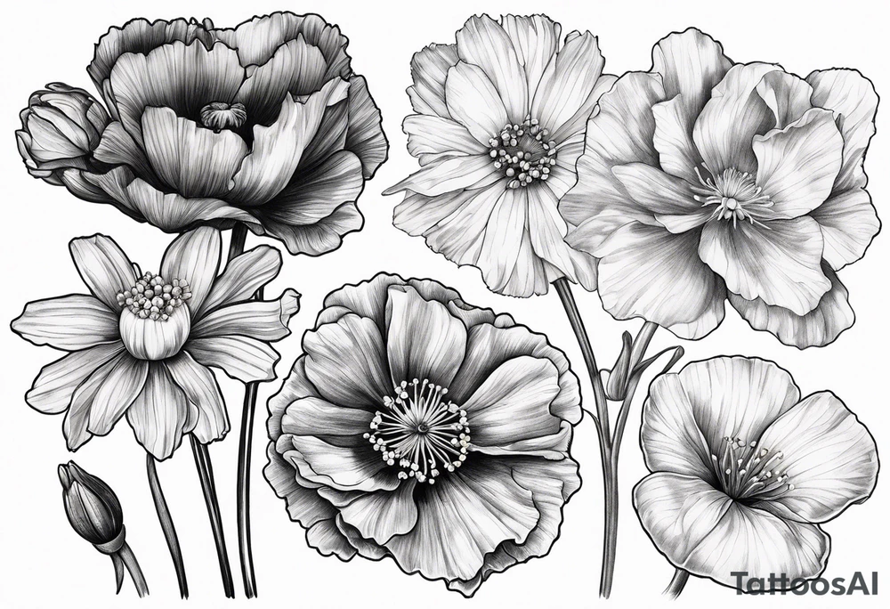 Carnation, primrose, daisy, daisy, lily of the valley, poppy, poppy, poppy, aster, norcissus together tattoo idea