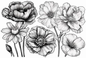 Carnation, primrose, daisy, daisy, lily of the valley, poppy, poppy, poppy, aster, norcissus together tattoo idea