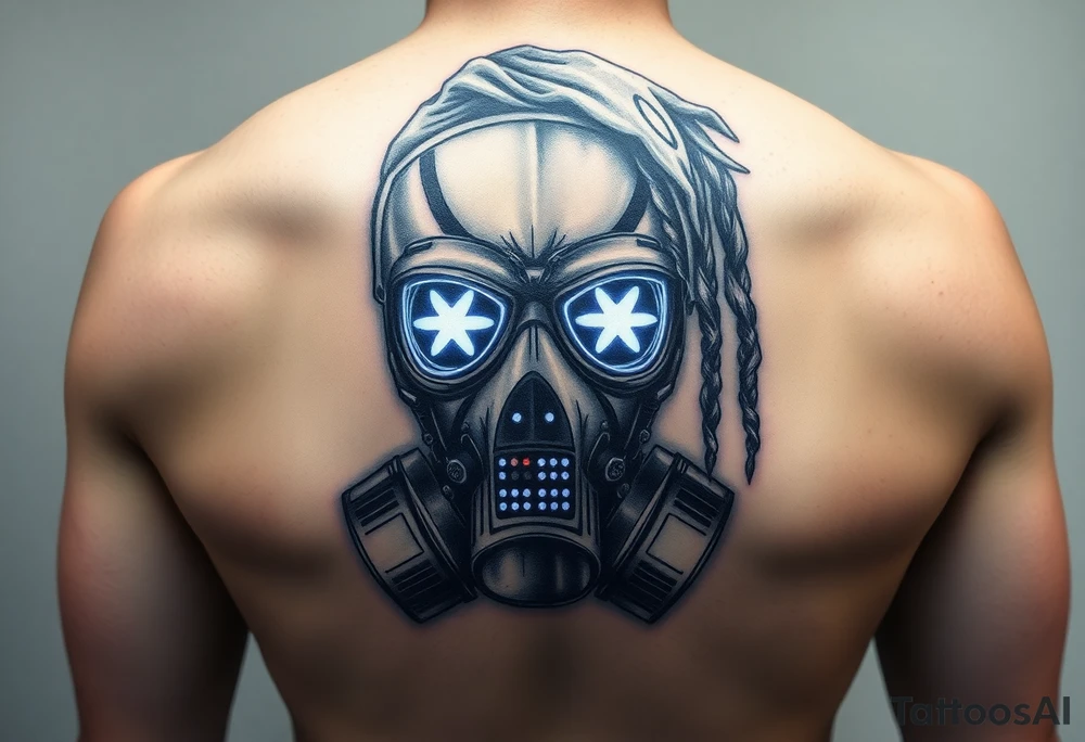 Tech-Nomad Mask
A stylized, worn-out respirator or gas mask, modified with neon lights and HUD displays.
Dreadlocks or a tattered hood for a post-apocalyptic feel.
A mix of traditional shading with futuristic digital glows. tattoo idea