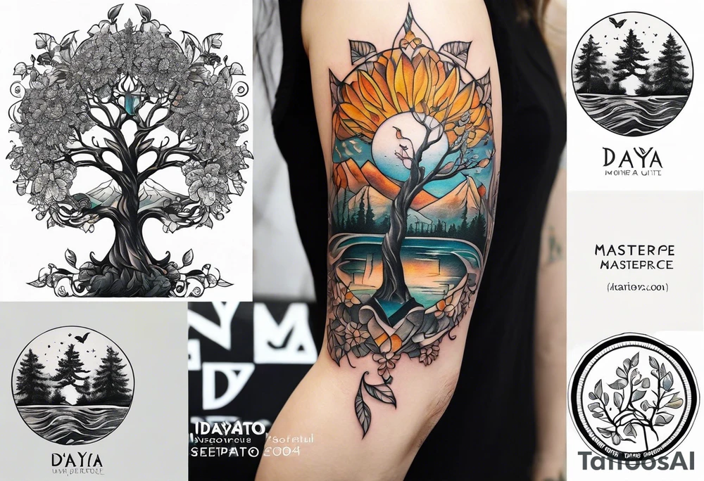 Small norma arm tattoo. Black kite (Daya's name), nature (trees/sea), small sunflower. Soft colours tattoo idea