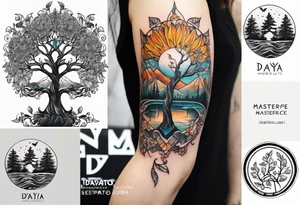 Small norma arm tattoo. Black kite (Daya's name), nature (trees/sea), small sunflower. Soft colours tattoo idea