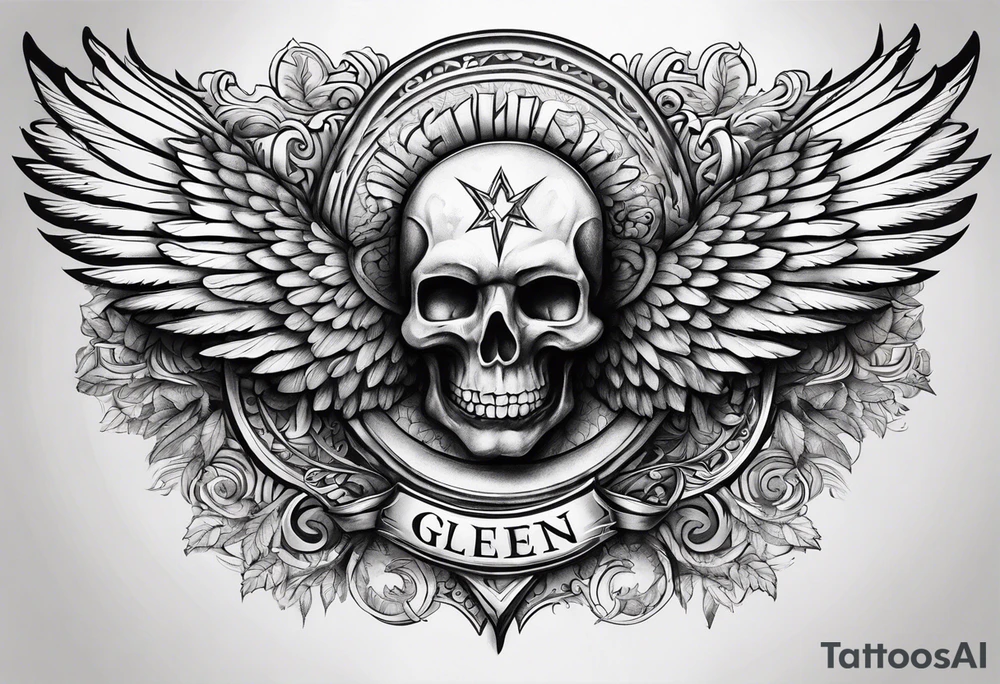 The word Glenn on a banner with angel Wings tattoo idea